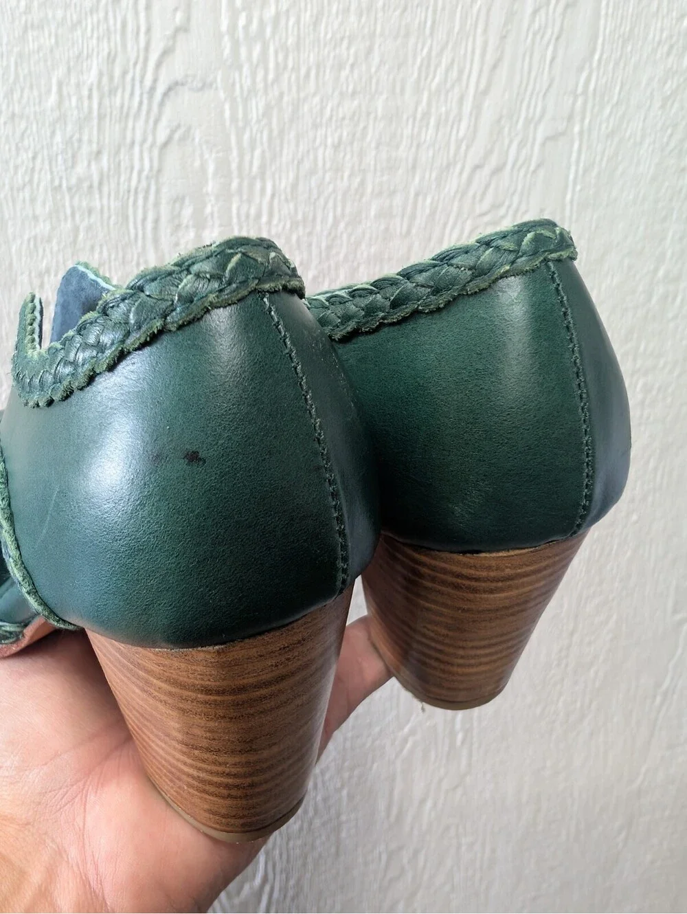 ELF Spirit Walker Green Leather Booties Wooden Heel Women's Size 6